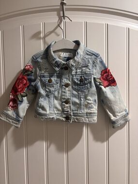 Upcycled Denim Jacket Baby Sz 2T Roses Skull Distressed